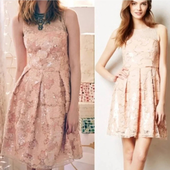 Eva Franco Sugarberry Sequin Lace Mini Dress Size 8 Blush Pink Hand-Embellished - Picture 1 of 16